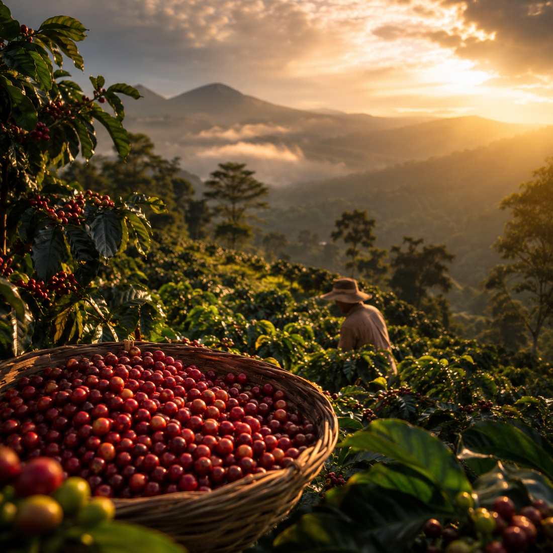 Golden hour on an Indian coffee farm. Fresh, meticulously sourced Kafeido beans from premium Indian estates.