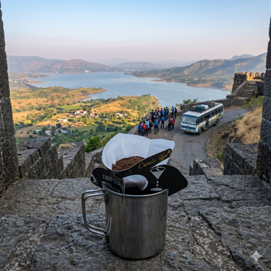 Coffee filter with coffee grounds in a metal cup on a stone ledge overlooking a scenic landscape with a lake and mountains.