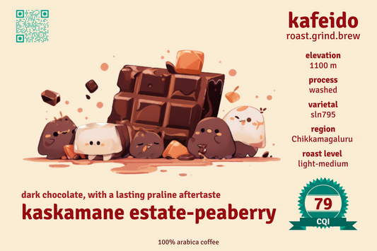 Medium-Dark Roast Kaskemane Estate Peaberry Coffee in a 150-gram package, featuring rich dark chocolate notes and a lasting praline aftertaste, harvested from Chikkamagaluru region at an elevation of 950-1150 MASL, priced at ₹349.00 INR