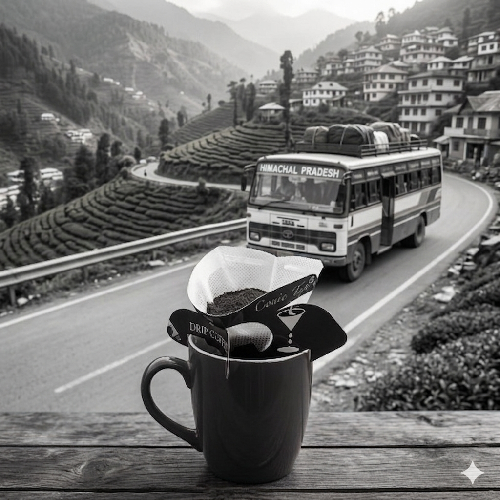 Vintage bus on a mountain road with a coffee filter and cup in the foreground.