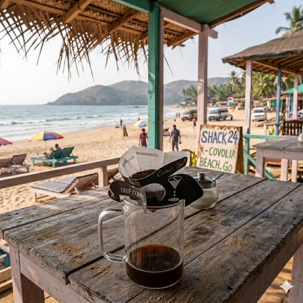 Coffee setup on a wooden table with a beach and Shack 24 sign in the background